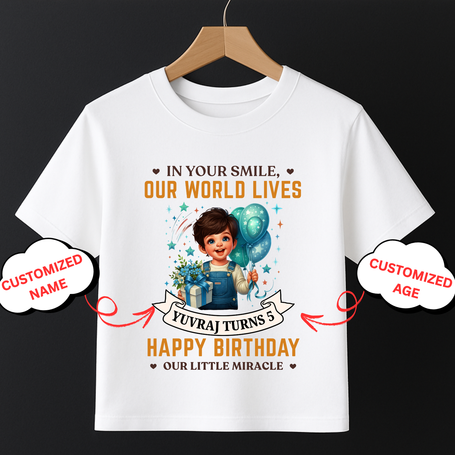 CUSTOMIZATION BOY'S T-SHIRT- IN YOUR SMILE, OUR WORLD LIVES, HAPPY BIRTHDAY
