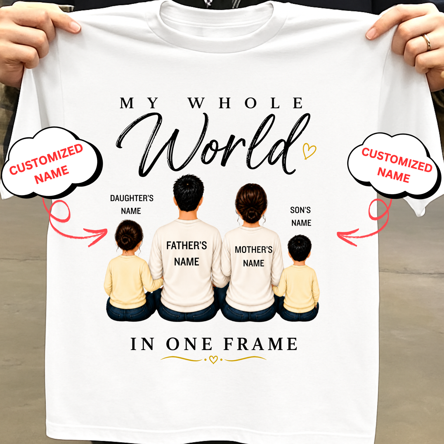 CUSTOMIZED-MY WHOLE WORLD, IN ONE FRAME (DAD, MOM & 2 KIDS) CLASSIC T-SHIRT