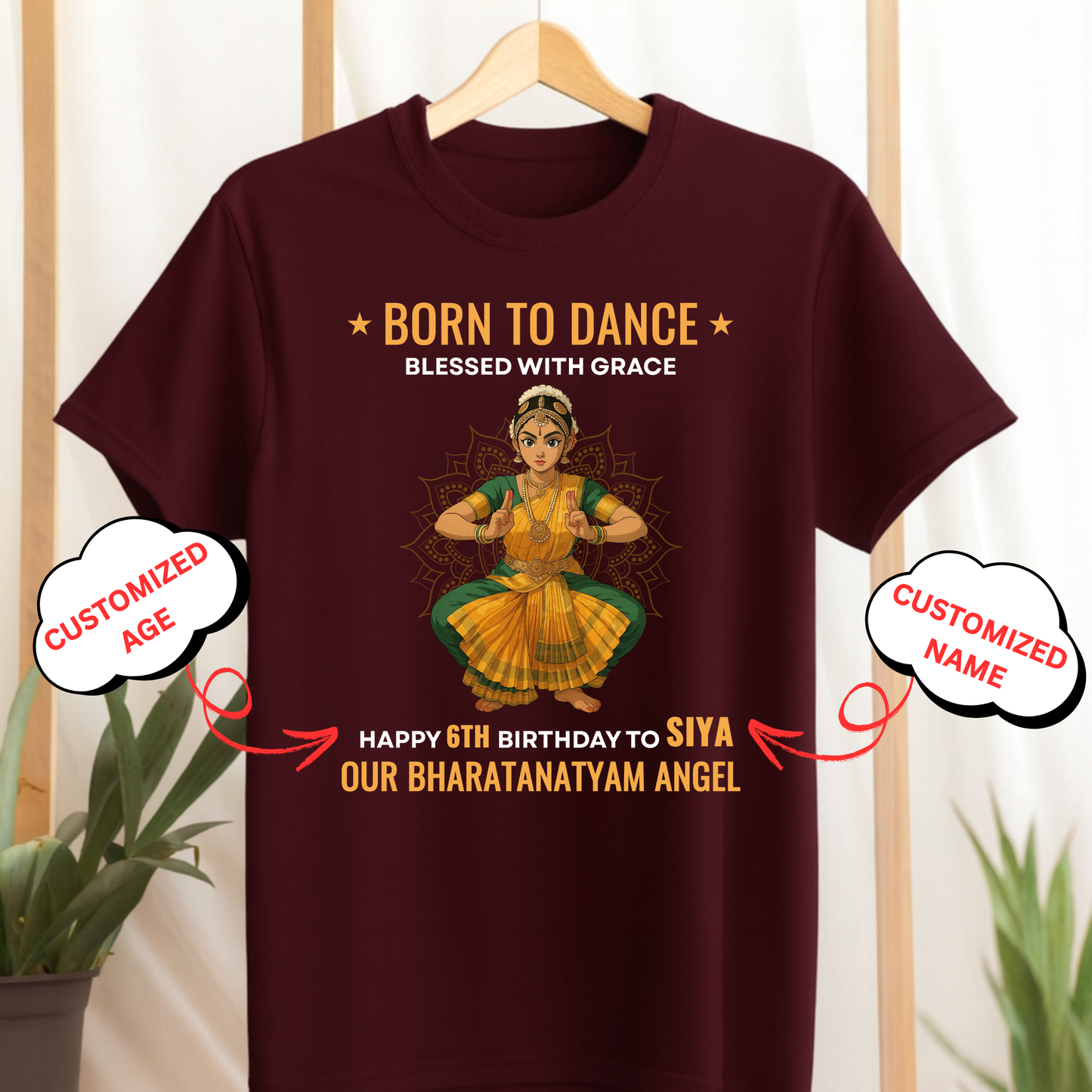 CUSTOMIZED (KIDS T-SHIRT)-BORN TO DANCE, BLESSED WITH GRACE HAPPY BIRTHDAY OUR BHARATANATYAM ANGEL