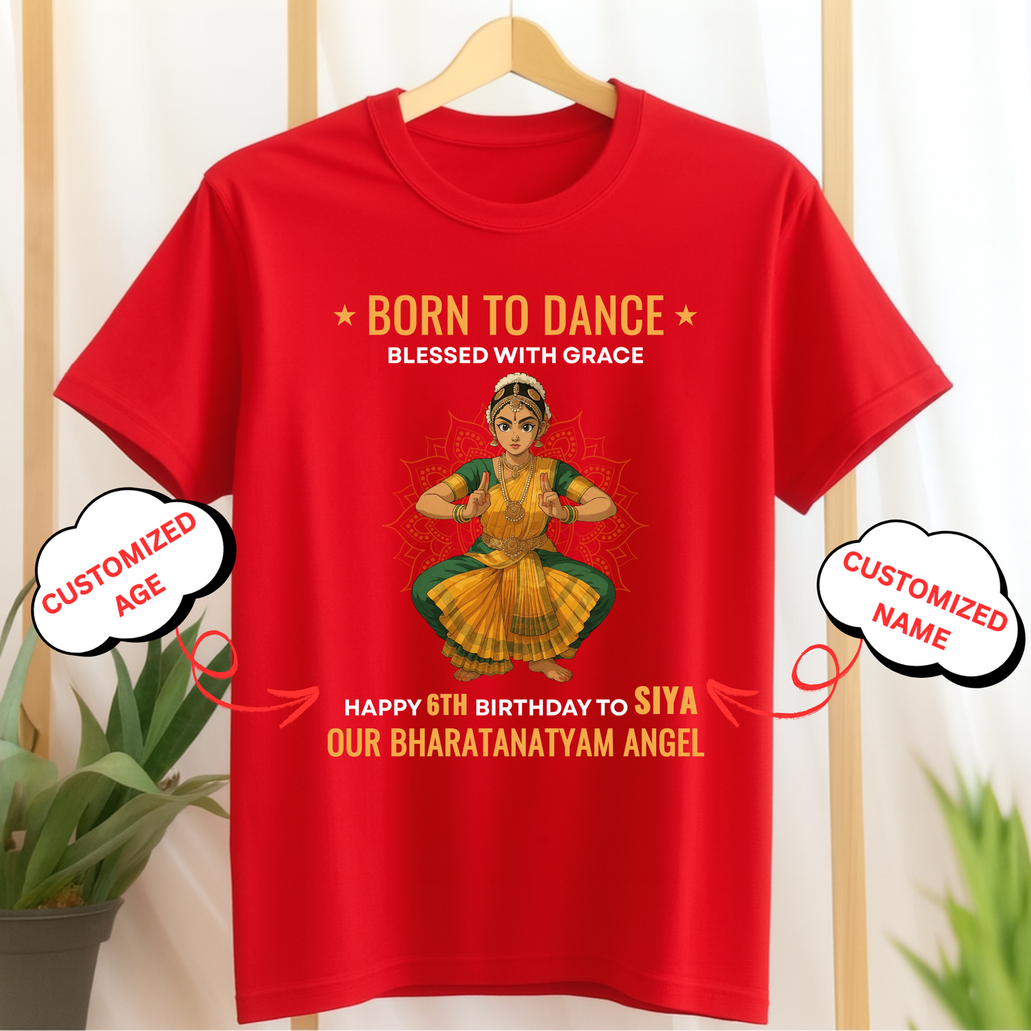 CUSTOMIZED (KIDS T-SHIRT)-BORN TO DANCE, BLESSED WITH GRACE HAPPY BIRTHDAY OUR BHARATANATYAM ANGEL