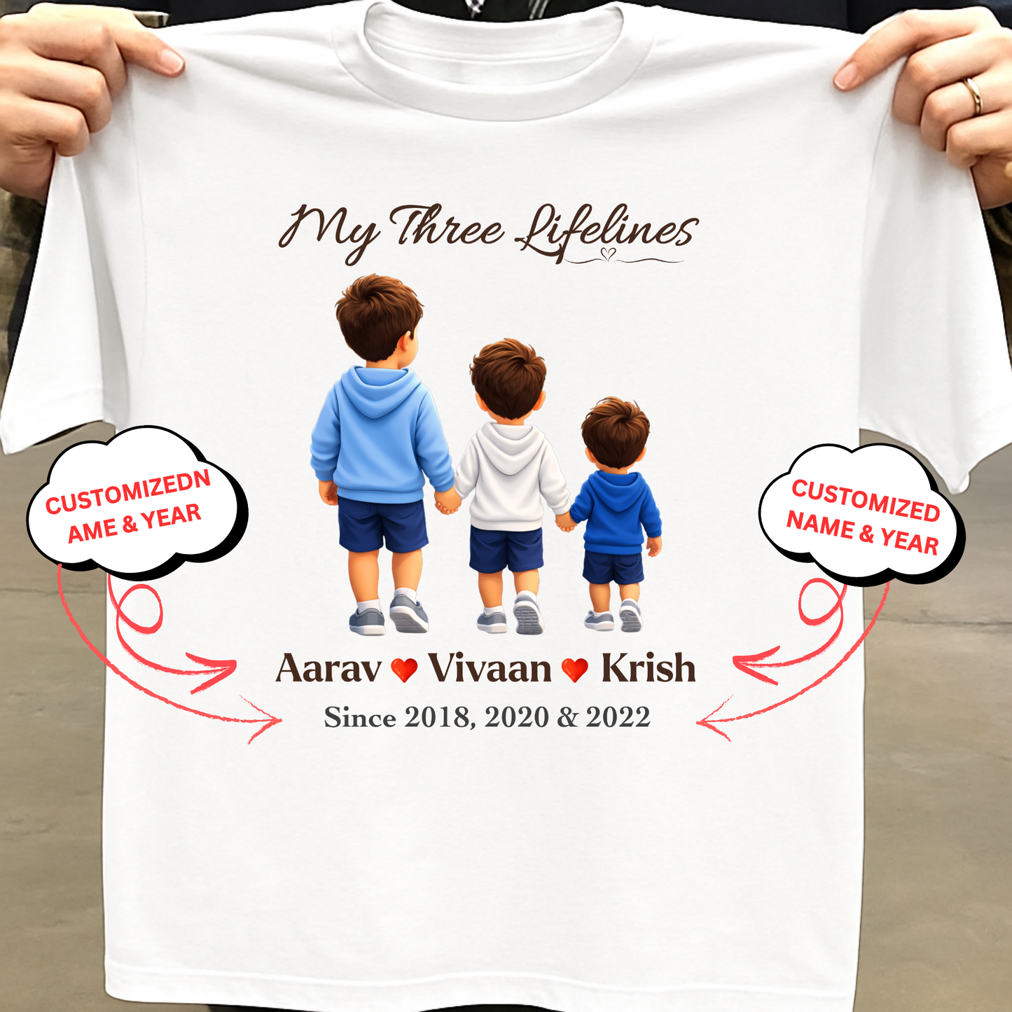 CUSTOMIZED-MY THREE LIFELINES (3 SONS) NAME & BIRTH YEAR CLASSIC T-SHIRT
