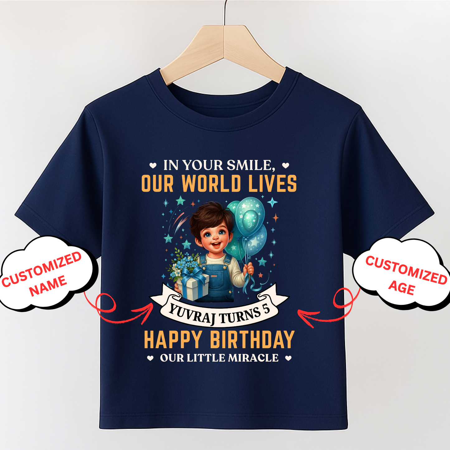 CUSTOMIZATION BOY'S T-SHIRT- IN YOUR SMILE, OUR WORLD LIVES, HAPPY BIRTHDAY