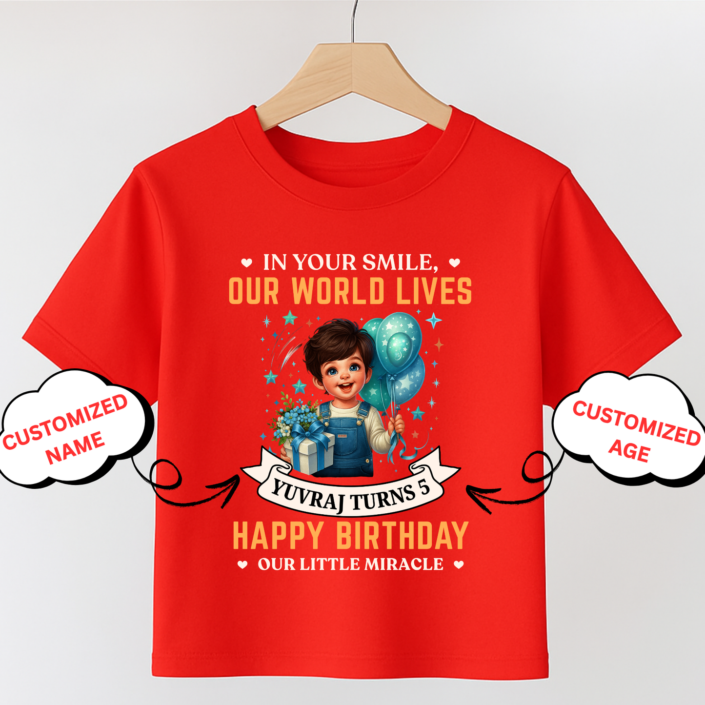 CUSTOMIZATION BOY'S T-SHIRT- IN YOUR SMILE, OUR WORLD LIVES, HAPPY BIRTHDAY