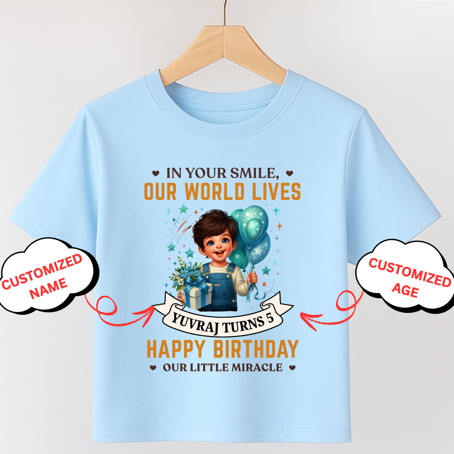 CUSTOMIZATION BOY'S T-SHIRT- IN YOUR SMILE, OUR WORLD LIVES, HAPPY BIRTHDAY