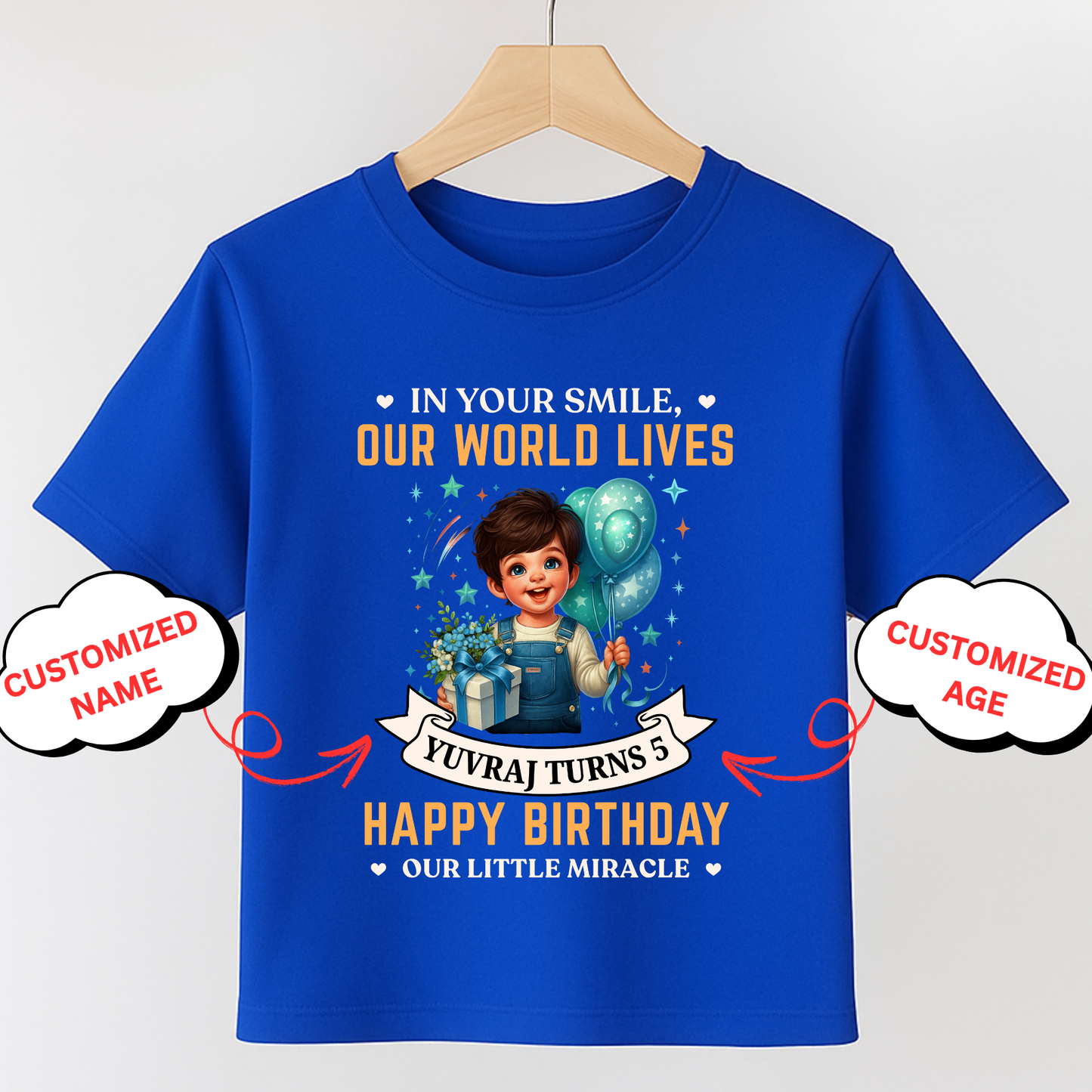 CUSTOMIZATION BOY'S T-SHIRT- IN YOUR SMILE, OUR WORLD LIVES, HAPPY BIRTHDAY