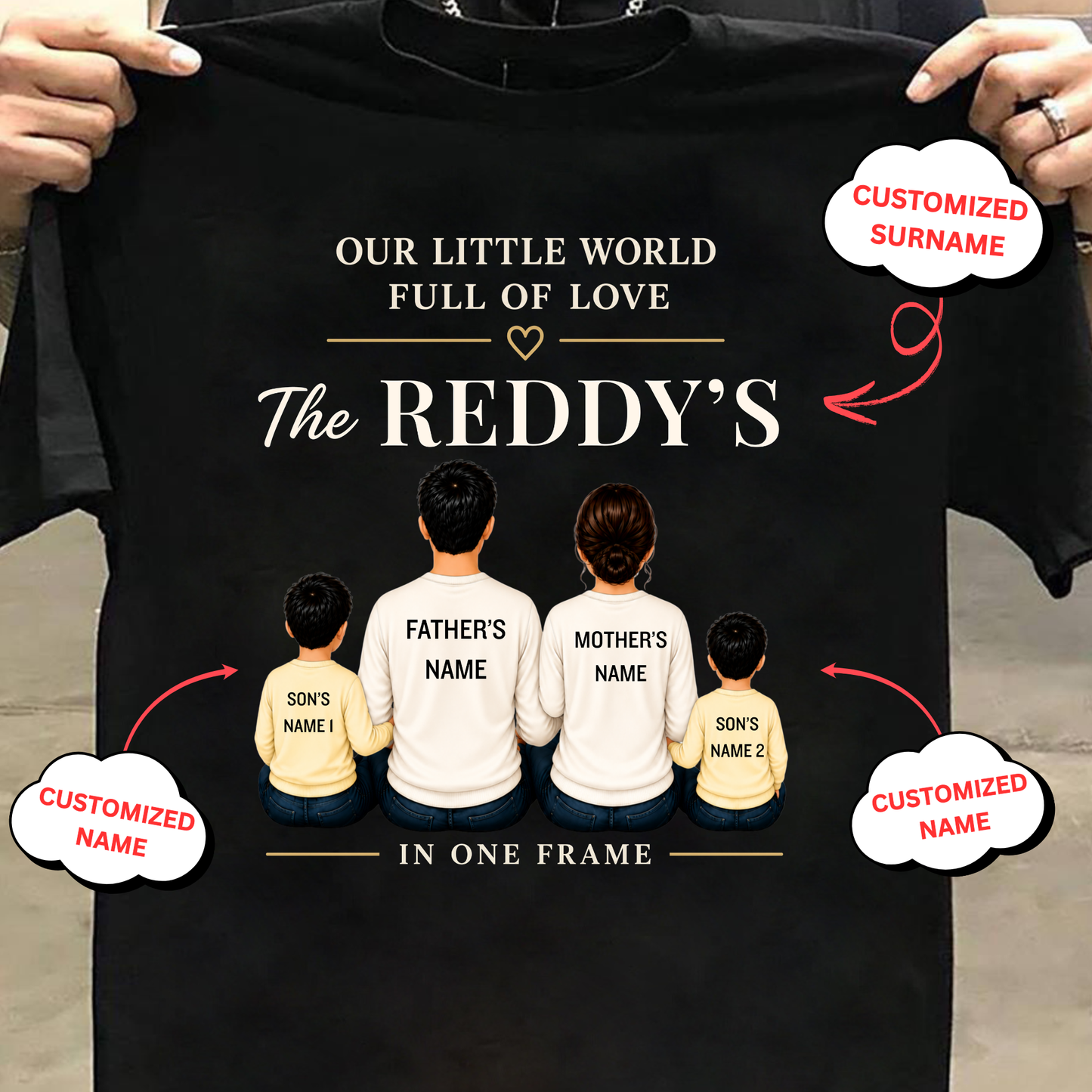 CUSTOMIZED SURNAME-OUR LITTLE WORLD FULL OF LOVE (2 SONS) CLASSIC T-SHIRT