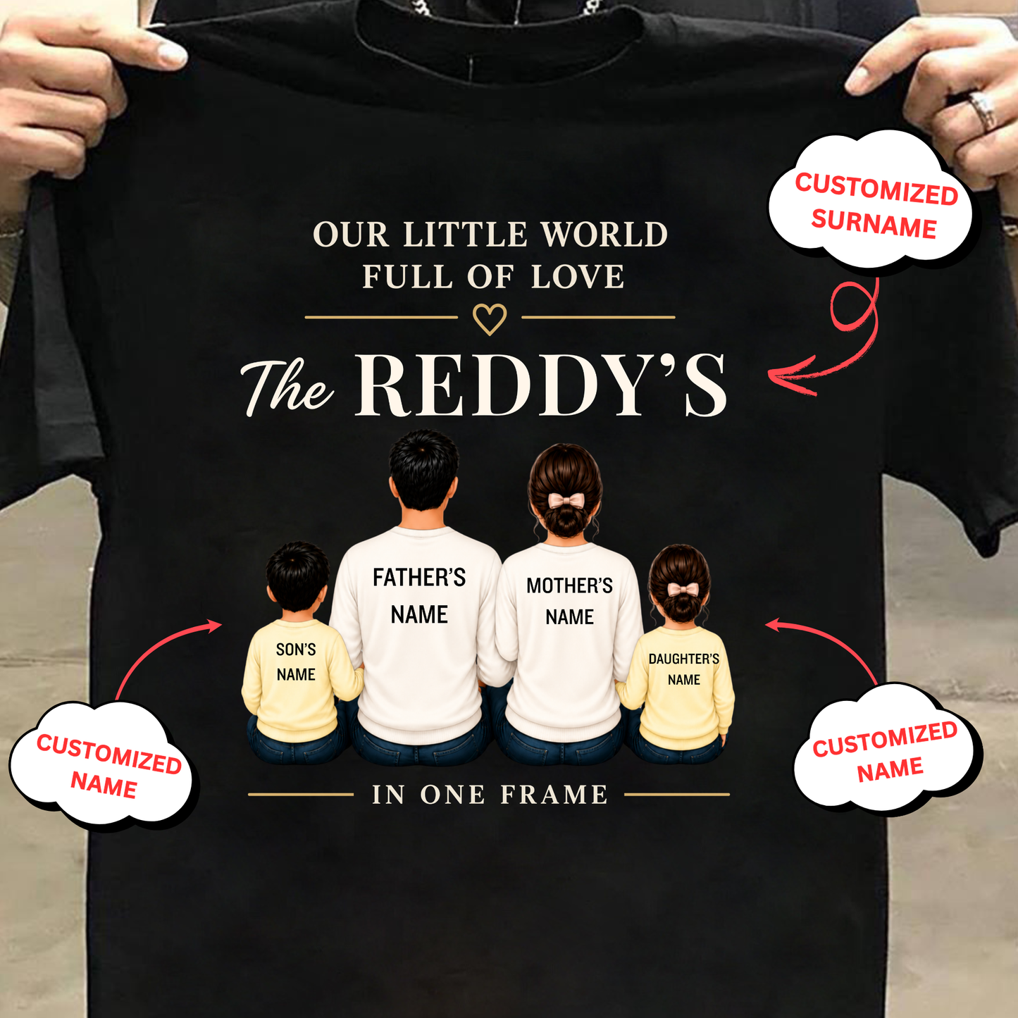 CUSTOMIZED SURNAME-OUR LITTLE WORLD FULL OF LOVE (2 KIDS-SON &DAUGHTER) CLASSIC T-SHIRT
