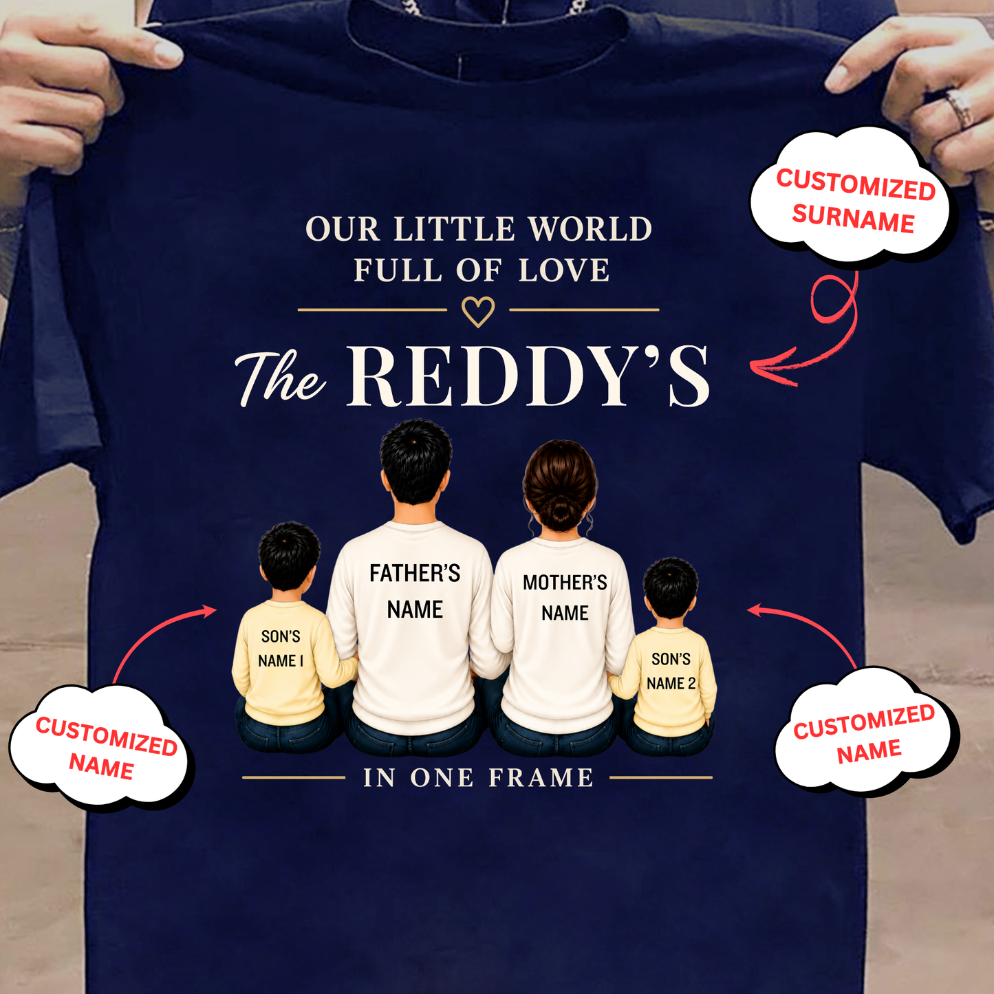 CUSTOMIZED SURNAME-OUR LITTLE WORLD FULL OF LOVE (2 SONS) CLASSIC T-SHIRT