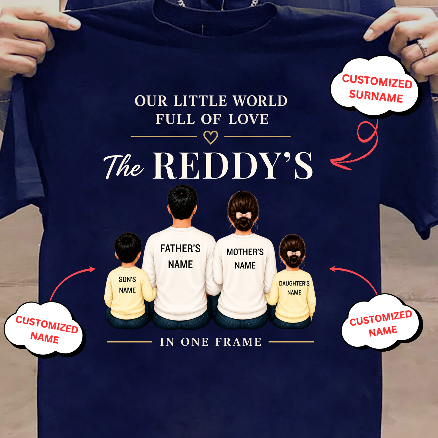 CUSTOMIZED SURNAME-OUR LITTLE WORLD FULL OF LOVE (2 KIDS-SON &DAUGHTER) CLASSIC T-SHIRT