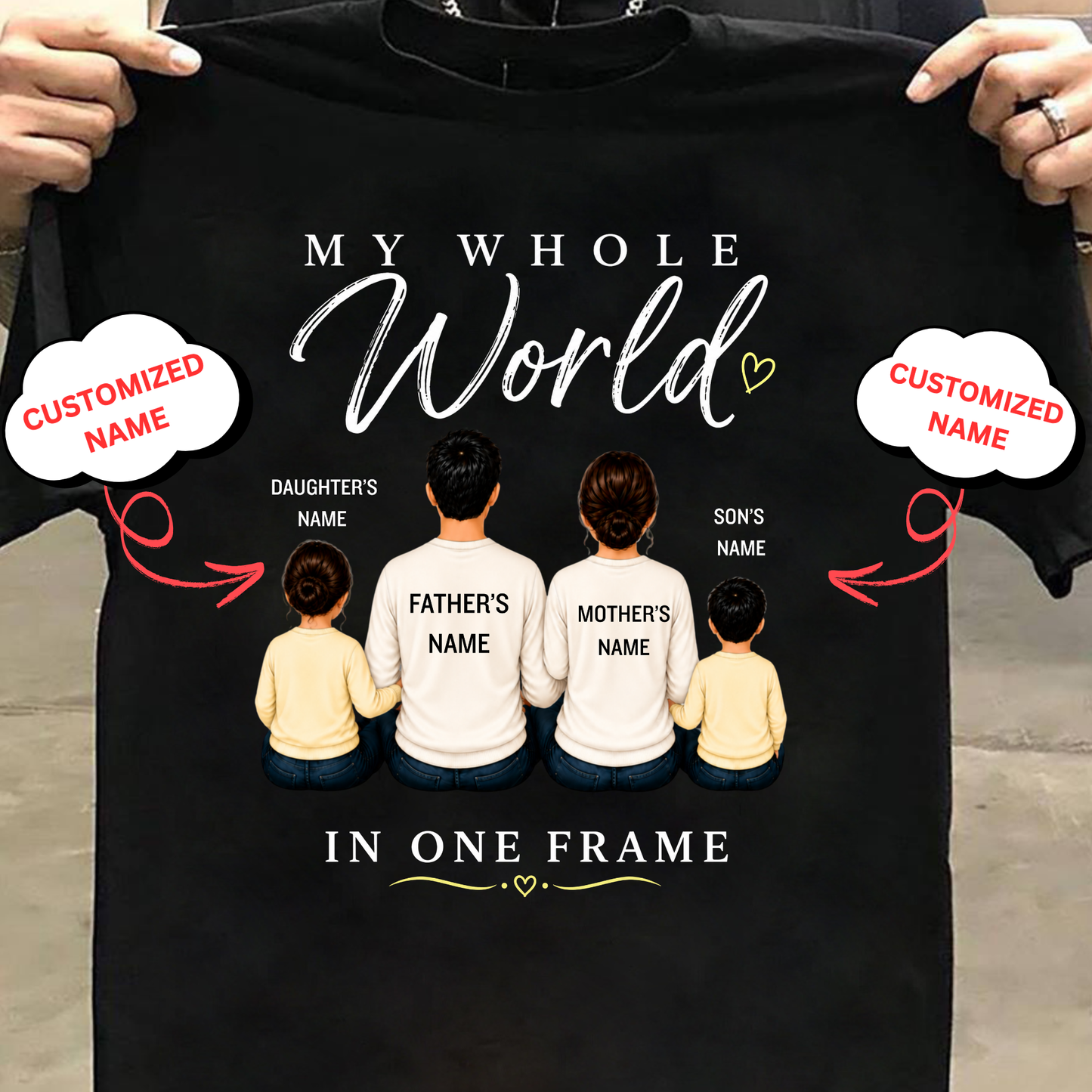 CUSTOMIZED-MY WHOLE WORLD, IN ONE FRAME (DAD, MOM & 2 KIDS) CLASSIC T-SHIRT