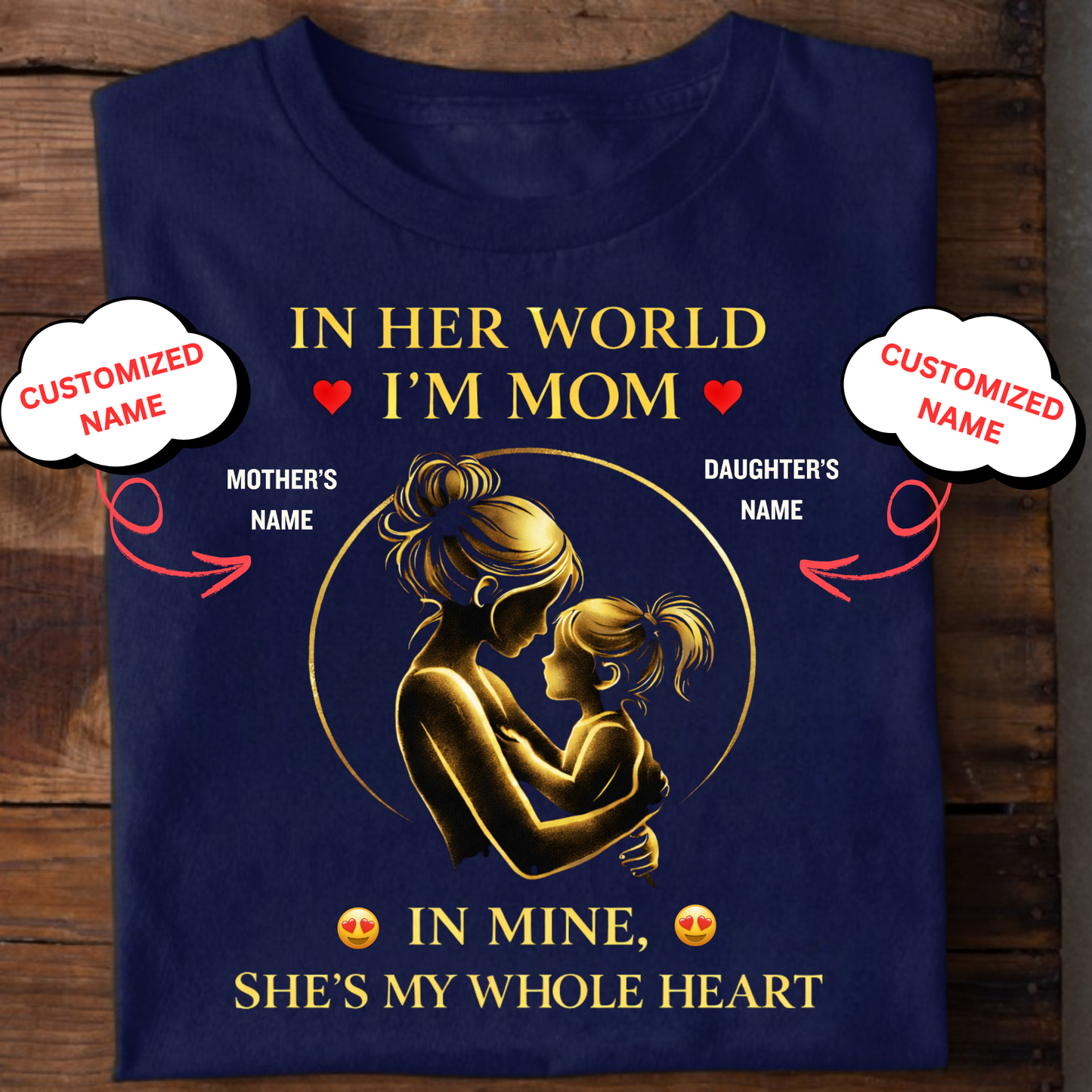 CUSTOMIZED-IN HER WORLD, I'M MOM, IN MINE, SHE'S MY WHOLE HEART (MOTHER & DAUGHTER) CLASSIC T-SHIRT
