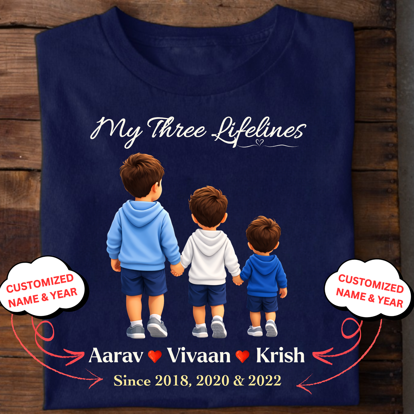 CUSTOMIZED-MY THREE LIFELINES (3 SONS) NAME & BIRTH YEAR CLASSIC T-SHIRT