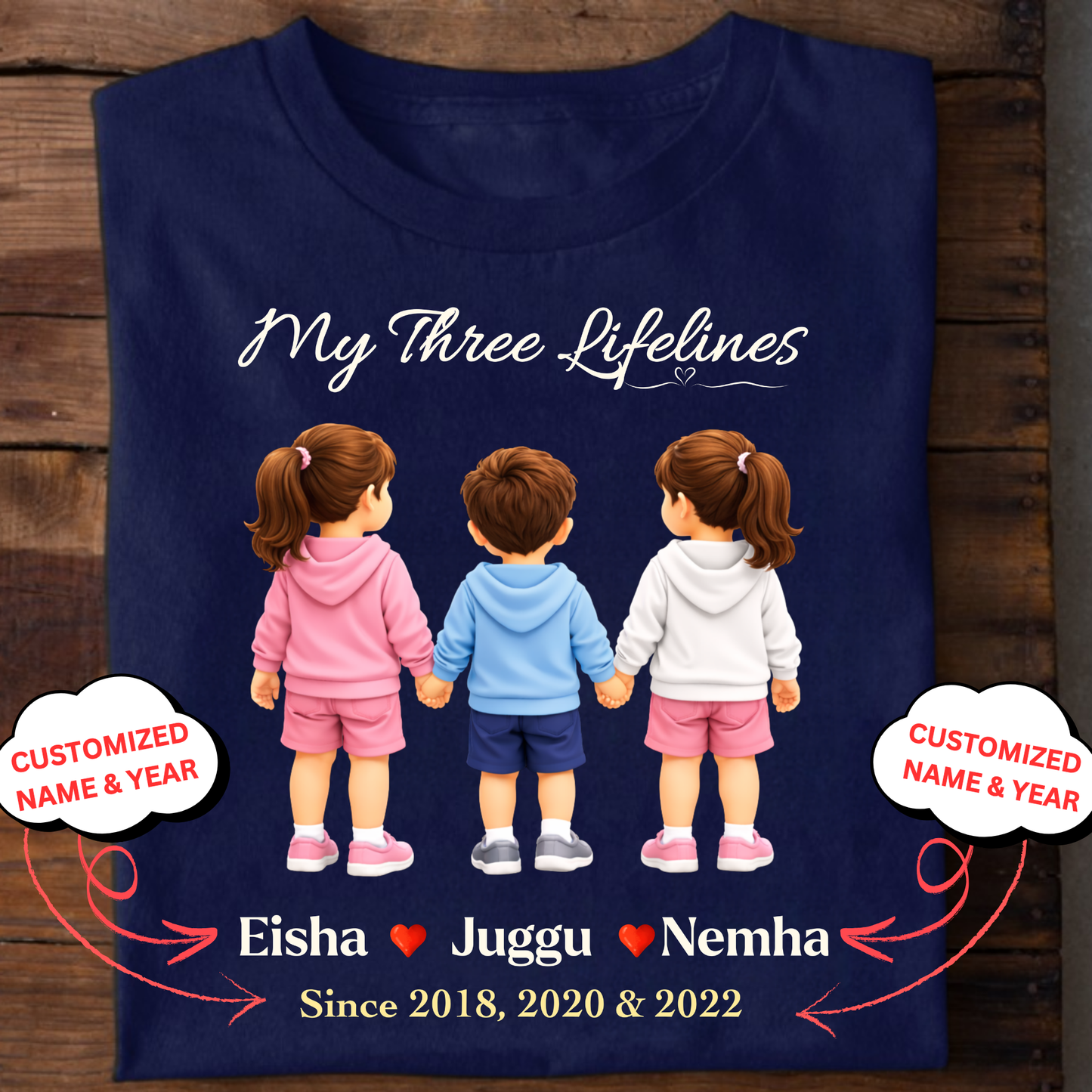 CUSTOMIZED-MY THREE LIFELINES (1 SON AND 2 DAUGHTERS) NAME & BIRTH YEAR CLASSIC T-SHIRT