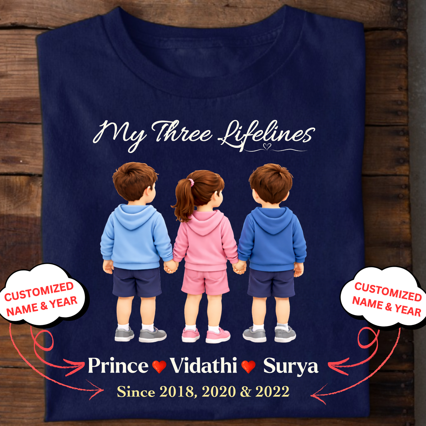 CUSTOMIZED-MY THREE LIFELINES (2 SONS AND 1 DAUGHTER) NAME & BIRTH YEAR CLASSIC T-SHIRT
