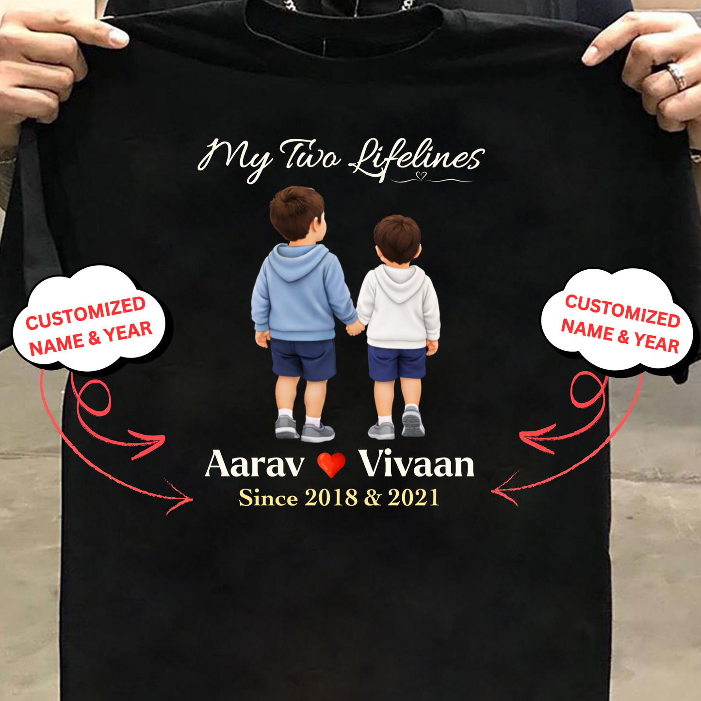 CUSTOMIZED-MY TWO LIFELINES (TWO SONS) NAME & BIRTH YEAR CLASSIC T-SHIRT