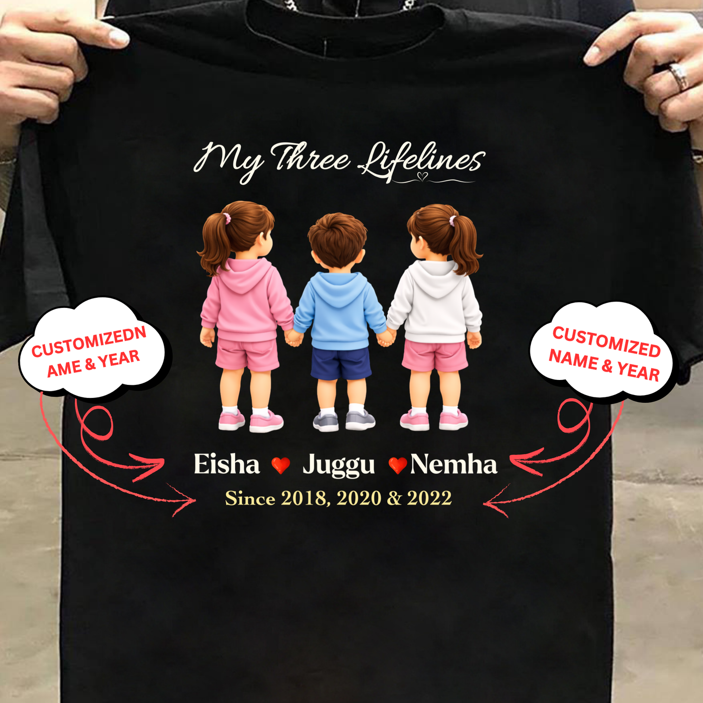 CUSTOMIZED-MY THREE LIFELINES (1 SON AND 2 DAUGHTERS) NAME & BIRTH YEAR CLASSIC T-SHIRT