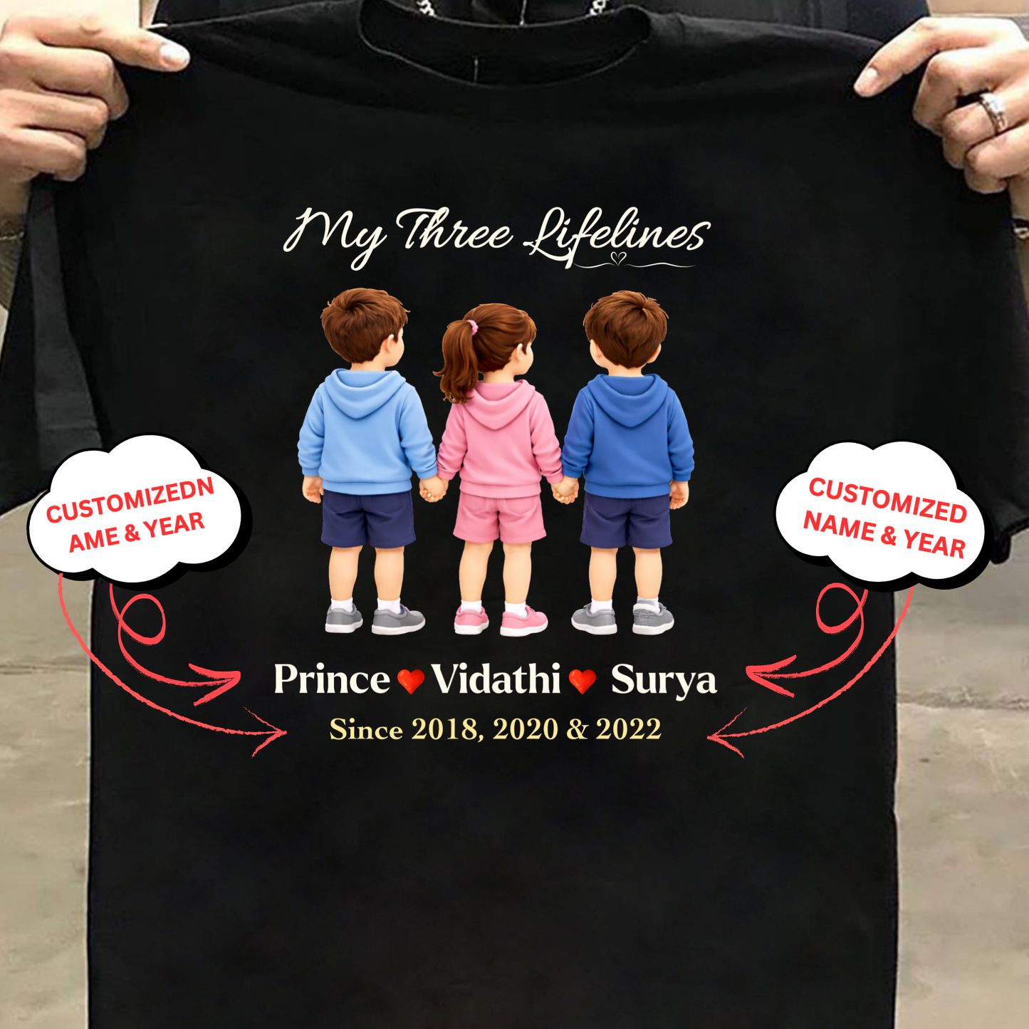 CUSTOMIZED-MY THREE LIFELINES (2 SONS AND 1 DAUGHTER) NAME & BIRTH YEAR CLASSIC T-SHIRT