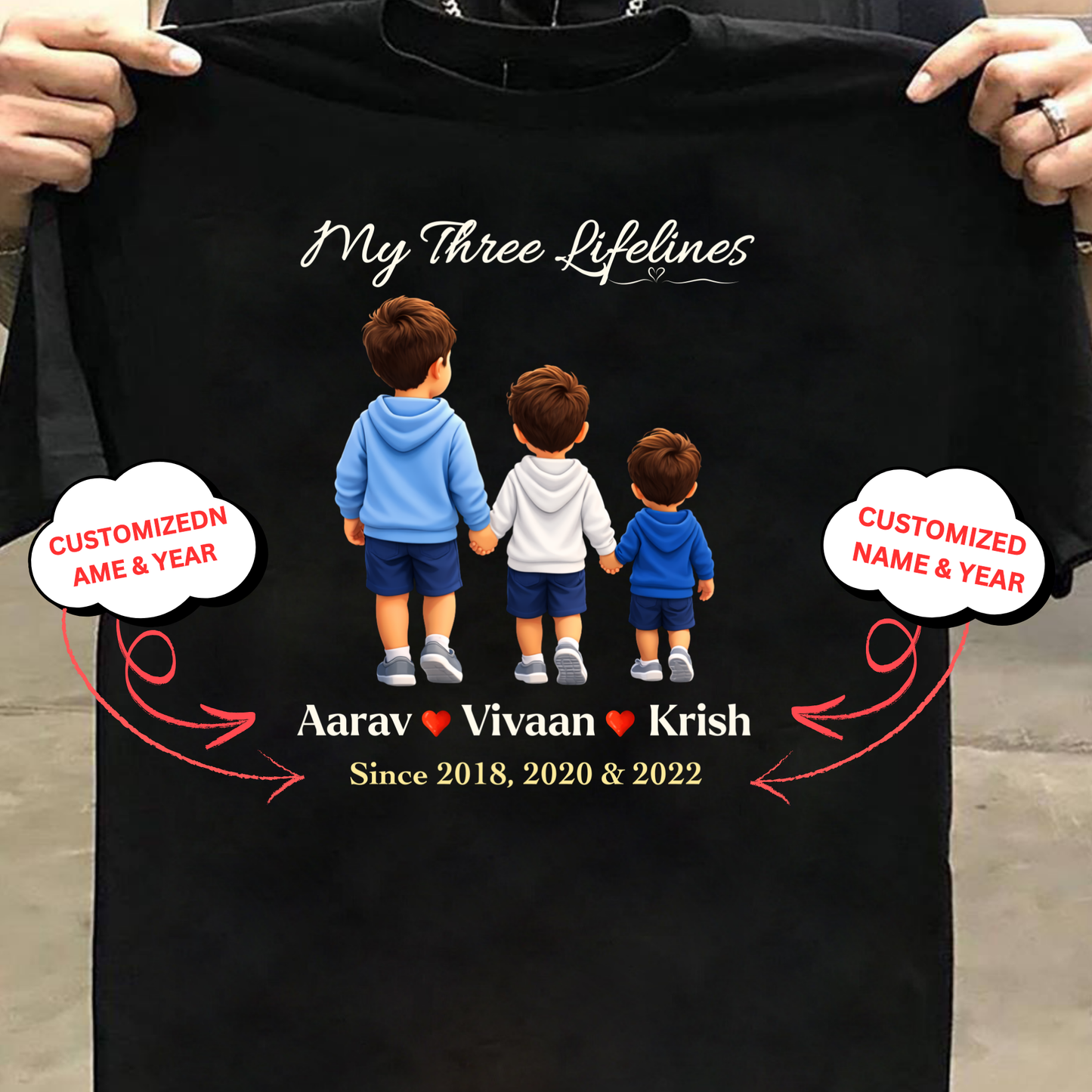 CUSTOMIZED-MY THREE LIFELINES (3 SONS) NAME & BIRTH YEAR CLASSIC T-SHIRT