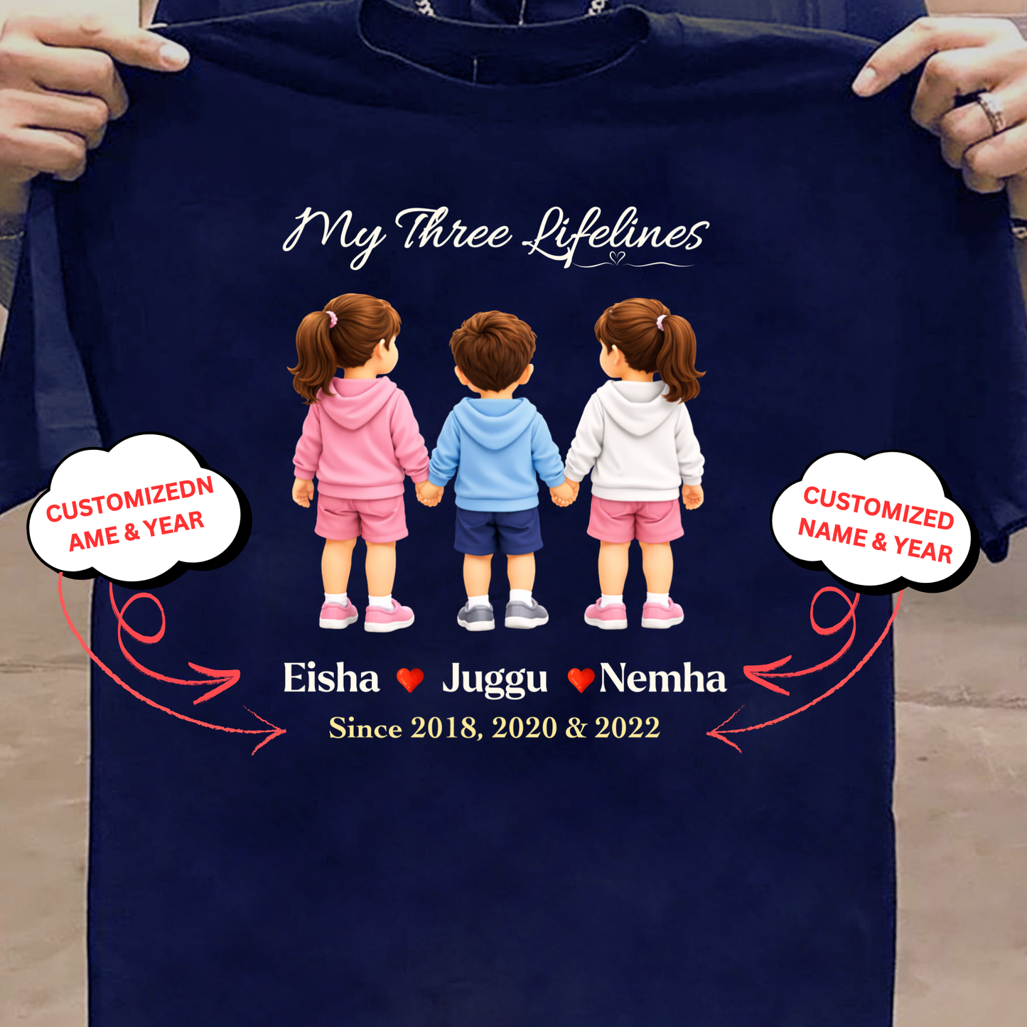 CUSTOMIZED-MY THREE LIFELINES (1 SON AND 2 DAUGHTERS) NAME & BIRTH YEAR CLASSIC T-SHIRT