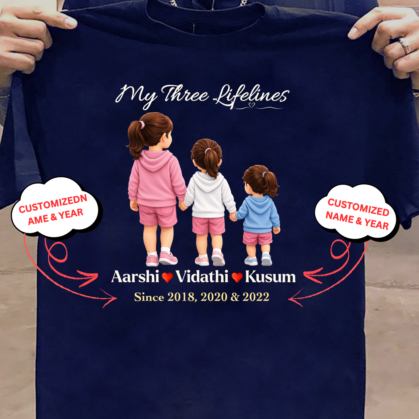 CUSTOMIZED-MY THREE LIFELINES (3 DAUGHTERS) NAME & BIRTH YEAR CLASSIC T-SHIRT