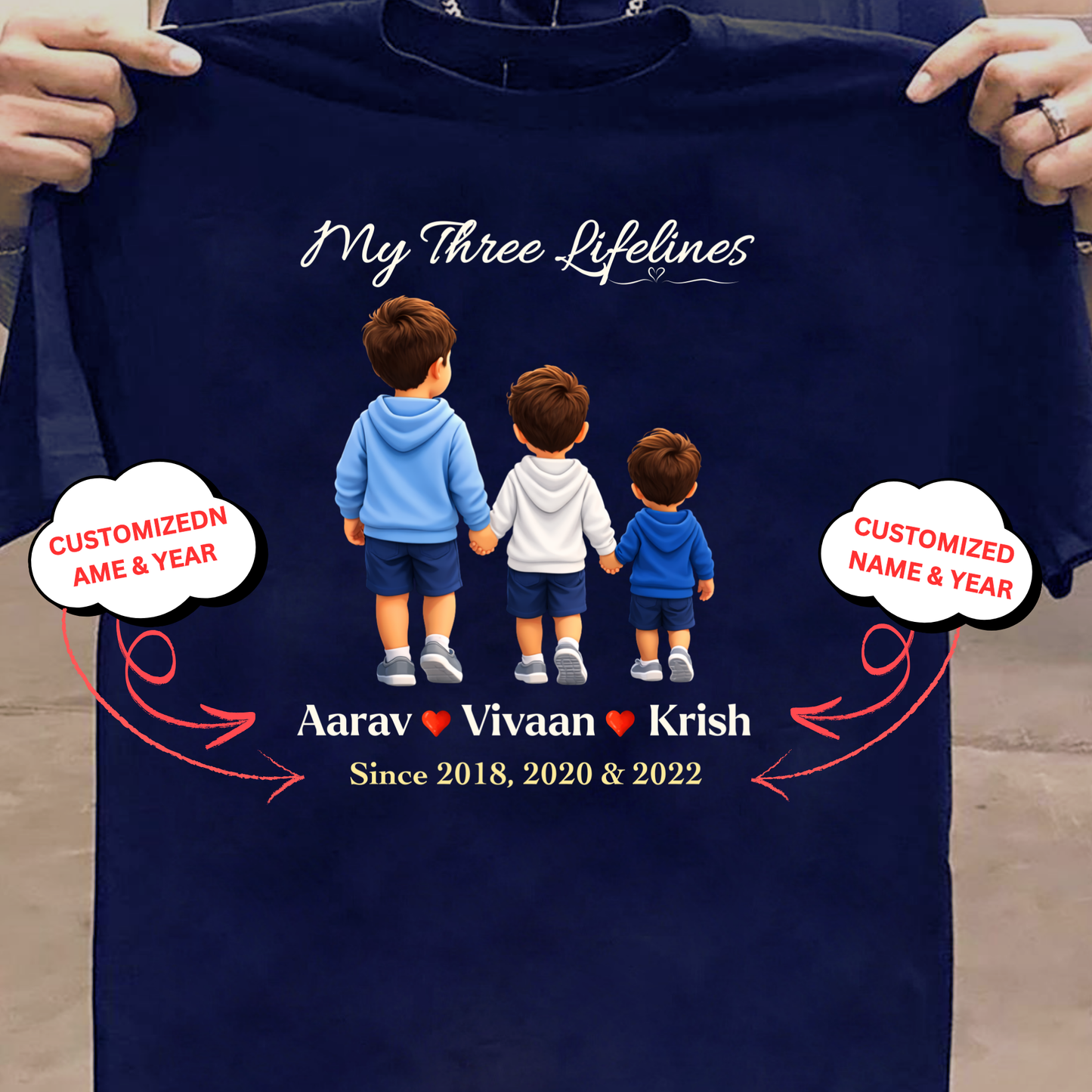 CUSTOMIZED-MY THREE LIFELINES (3 SONS) NAME & BIRTH YEAR CLASSIC T-SHIRT