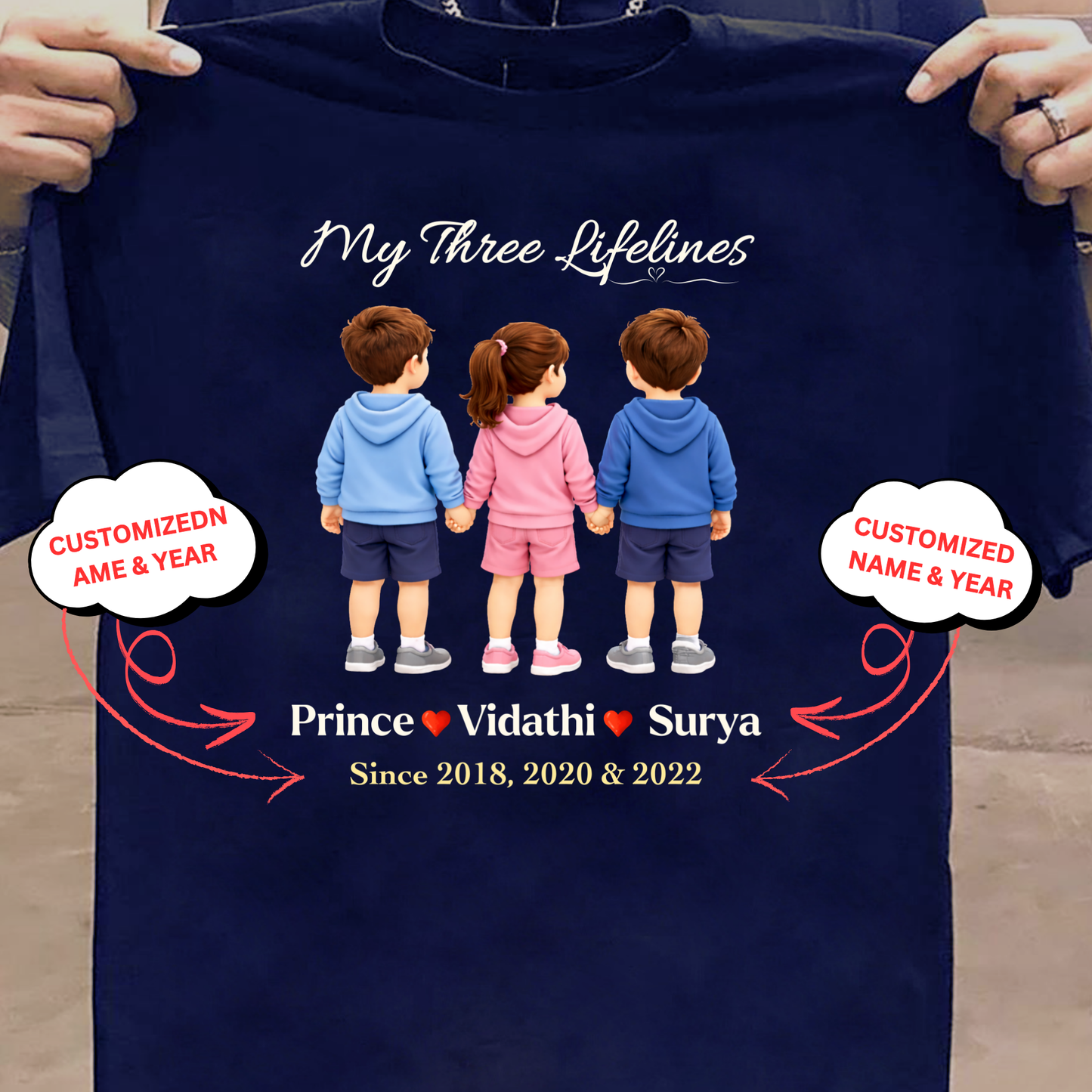 CUSTOMIZED-MY THREE LIFELINES (2 SONS AND 1 DAUGHTER) NAME & BIRTH YEAR CLASSIC T-SHIRT