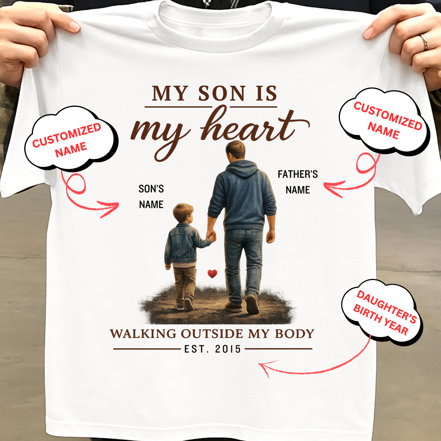 CUSTOMIZED-MY SON, MY HEART (FATHER WITH SON) NAME & BIRTH YEAR CLASSIC T-SHIRT