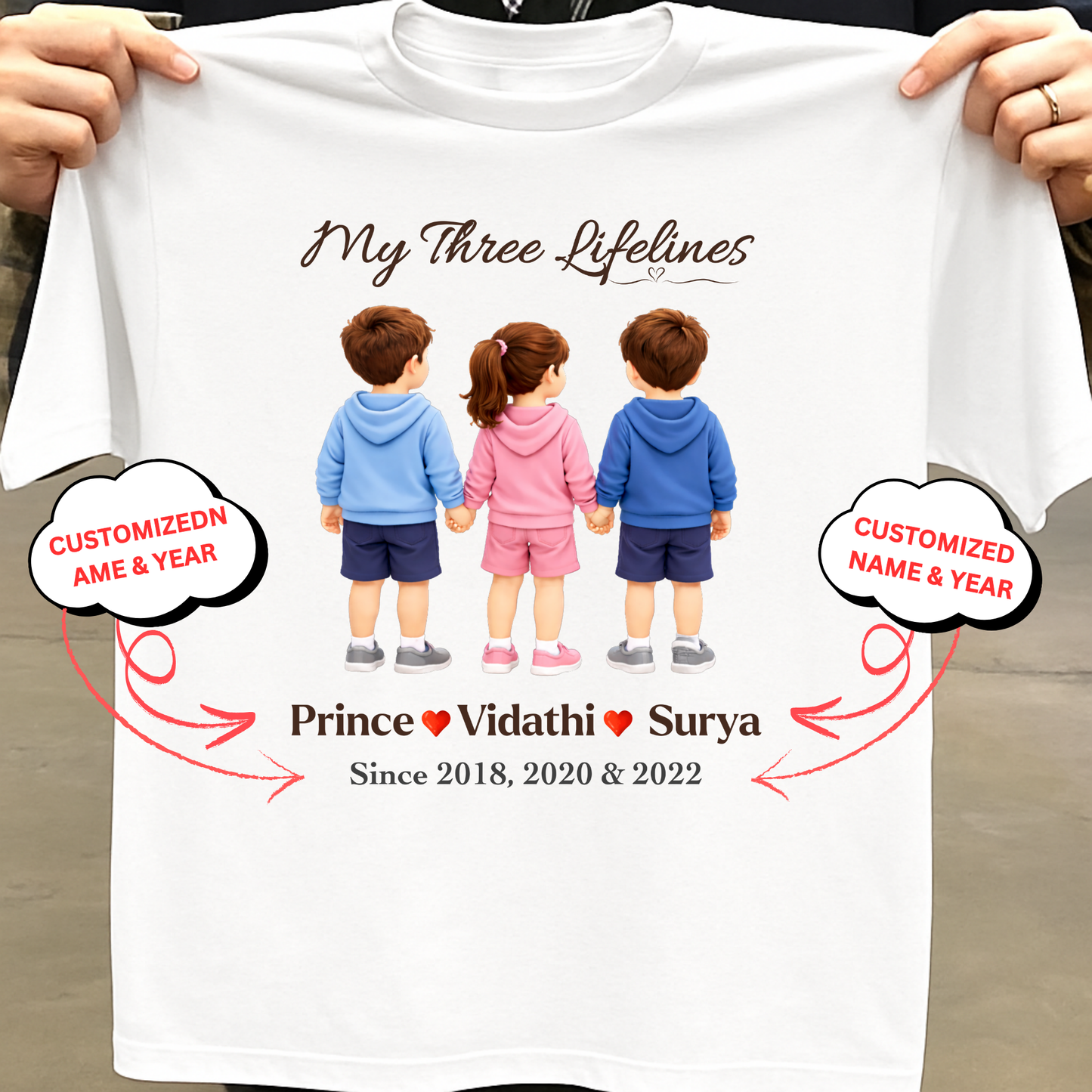 CUSTOMIZED-MY THREE LIFELINES (2 SONS AND 1 DAUGHTER) NAME & BIRTH YEAR CLASSIC T-SHIRT