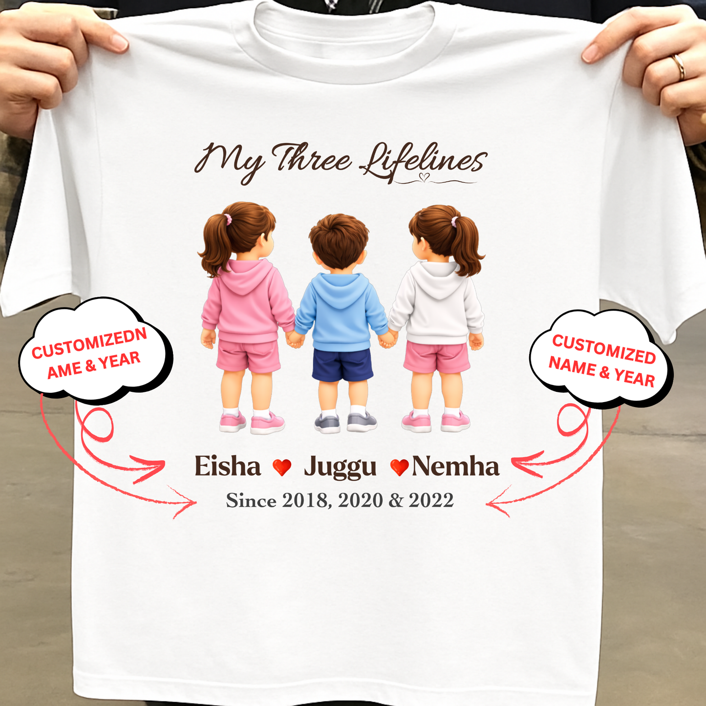 CUSTOMIZED-MY THREE LIFELINES (1 SON AND 2 DAUGHTERS) NAME & BIRTH YEAR CLASSIC T-SHIRT