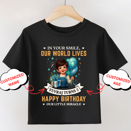 CUSTOMIZATION BOY'S T-SHIRT- IN YOUR SMILE, OUR WORLD LIVES, HAPPY BIRTHDAY