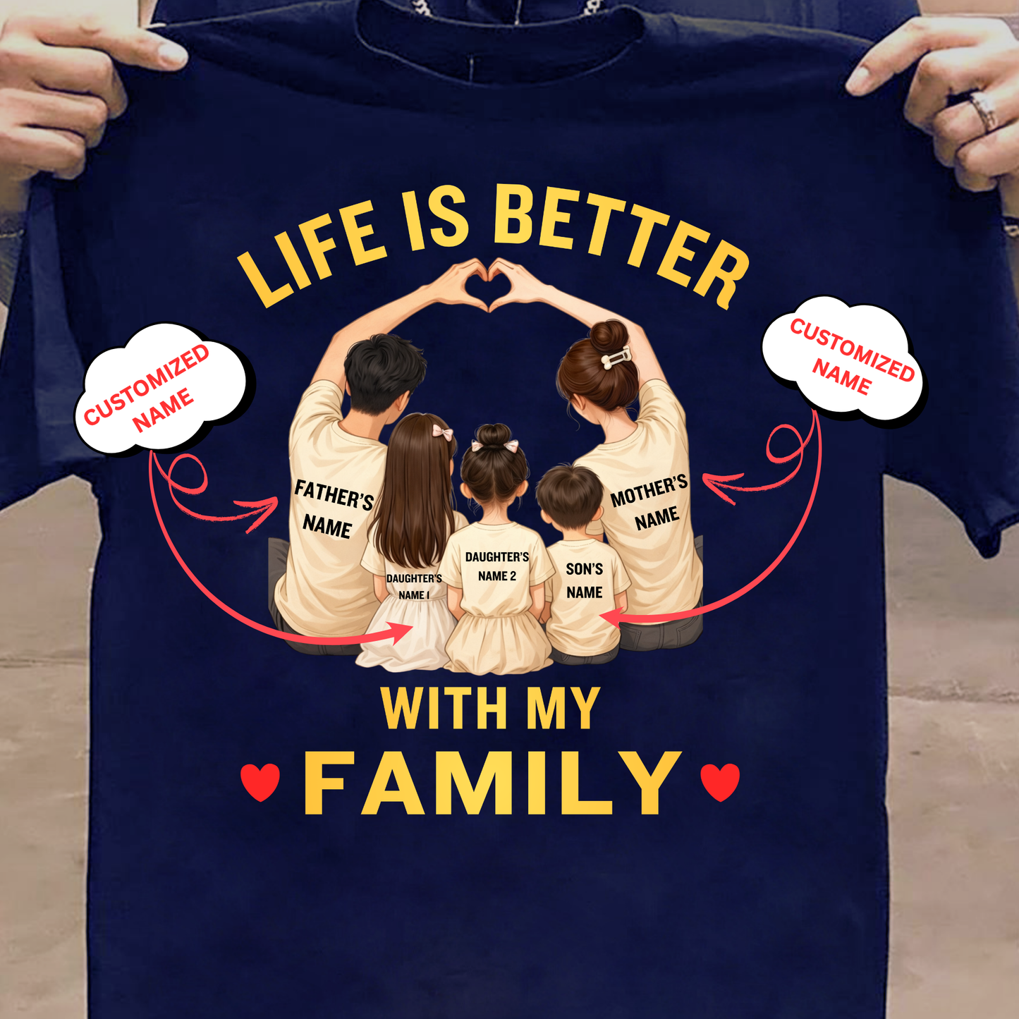 CUSTOMIZED-LIFE IS BETTER WITH MY FAMILY (1 SON AND 2 DAUGHTERS) CLASSIC T-SHIRT