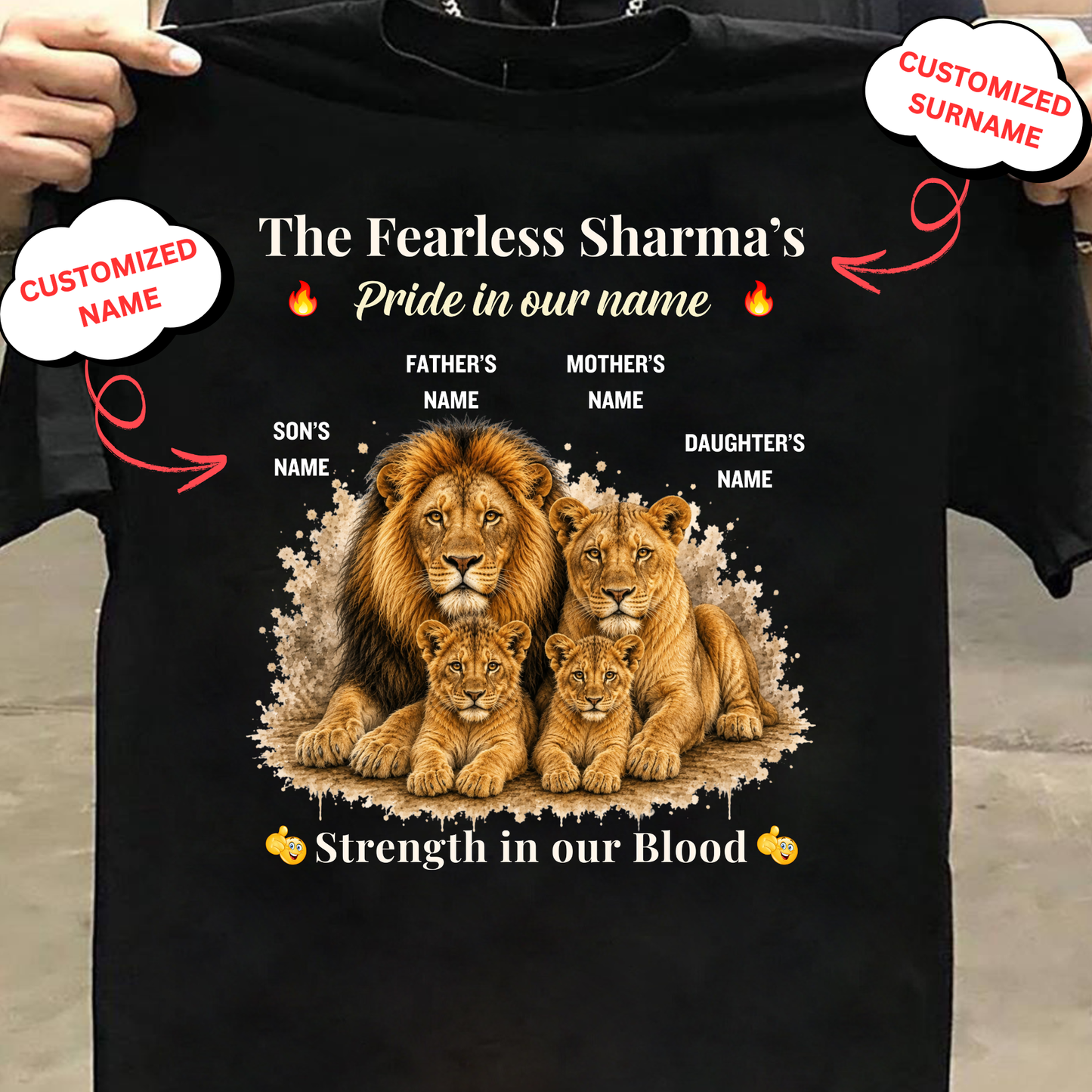 CUSTOMIZED-PRIDE IN OUR NAME, STRENGTH IN OUR BLOOD (FATHER, MOTHER & KIDS) UNISEX CLASSIC T-SHIRT