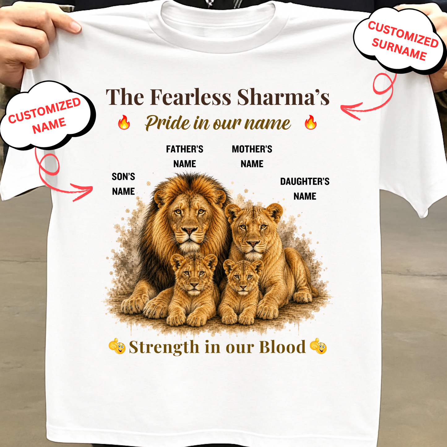 CUSTOMIZED-PRIDE IN OUR NAME, STRENGTH IN OUR BLOOD (FATHER, MOTHER & KIDS) UNISEX CLASSIC T-SHIRT