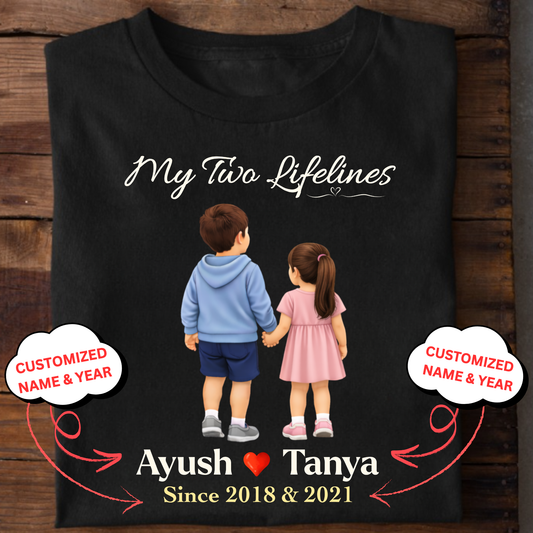 CUSTOMIZED-MY TWO LIFELINES (TWO KIDS) NAME & BIRTH YEAR CLASSIC T-SHIRT