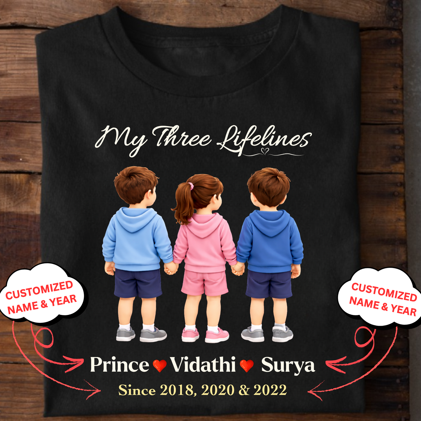 CUSTOMIZED-MY THREE LIFELINES (2 SONS AND 1 DAUGHTER) NAME & BIRTH YEAR CLASSIC T-SHIRT