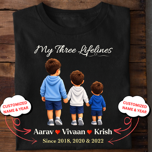CUSTOMIZED-MY THREE LIFELINES (3 SONS) NAME & BIRTH YEAR CLASSIC T-SHIRT