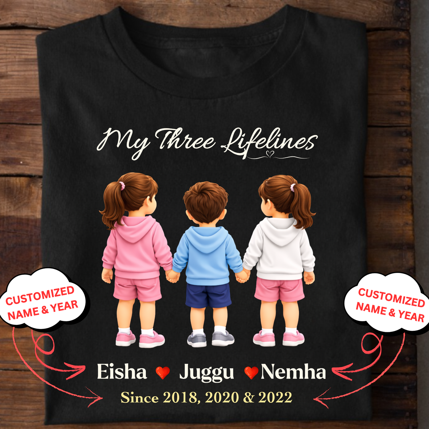 CUSTOMIZED-MY THREE LIFELINES (1 SON AND 2 DAUGHTERS) NAME & BIRTH YEAR CLASSIC T-SHIRT