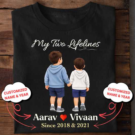 CUSTOMIZED-MY TWO LIFELINES (TWO SONS) NAME & BIRTH YEAR CLASSIC T-SHIRT