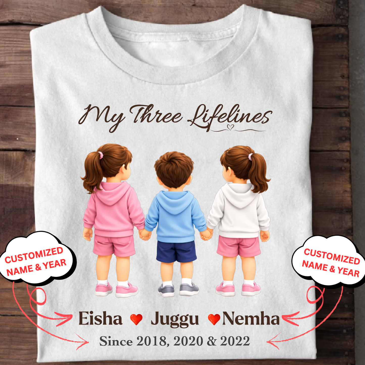 CUSTOMIZED-MY THREE LIFELINES (1 SON AND 2 DAUGHTERS) NAME & BIRTH YEAR CLASSIC T-SHIRT