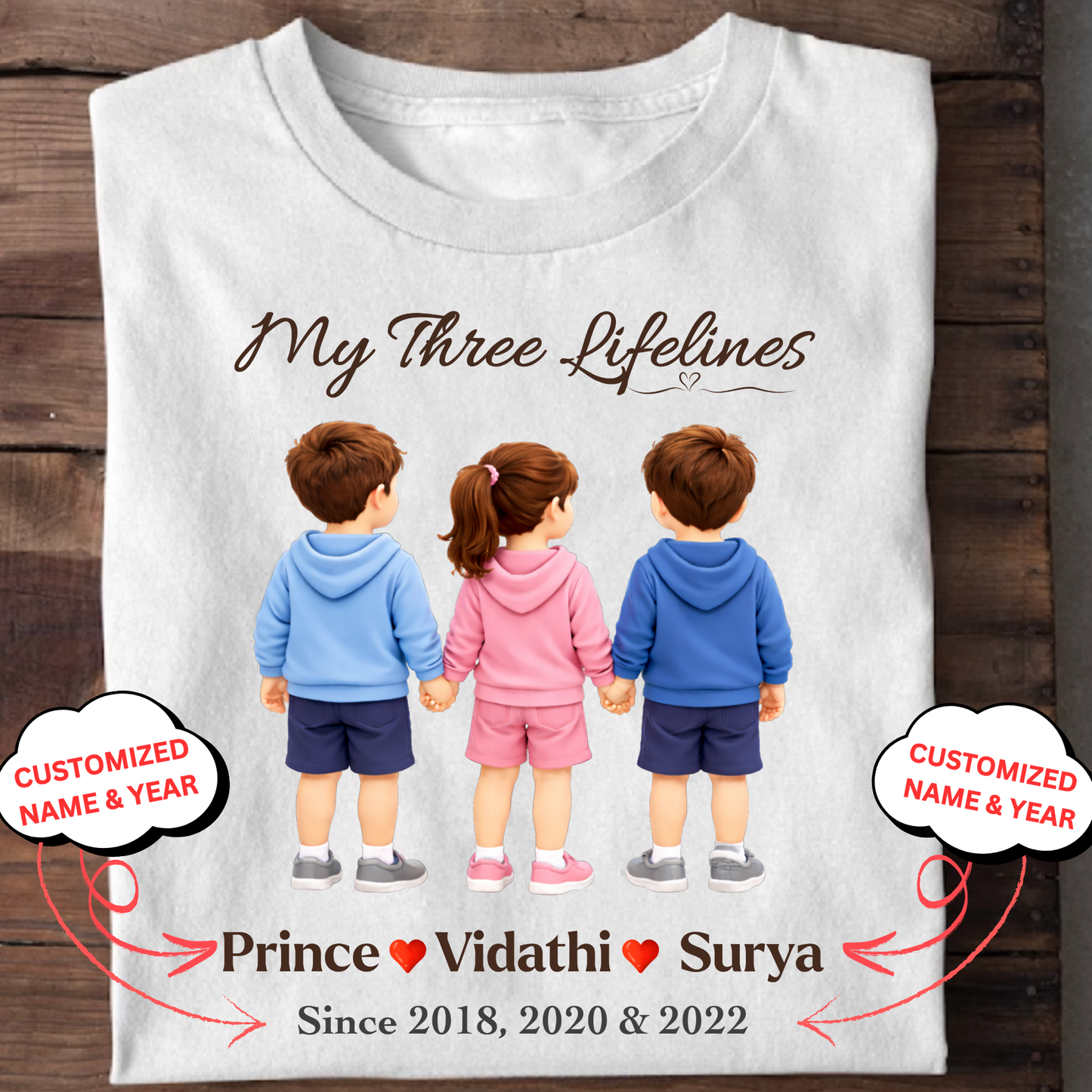 CUSTOMIZED-MY THREE LIFELINES (2 SONS AND 1 DAUGHTER) NAME & BIRTH YEAR CLASSIC T-SHIRT