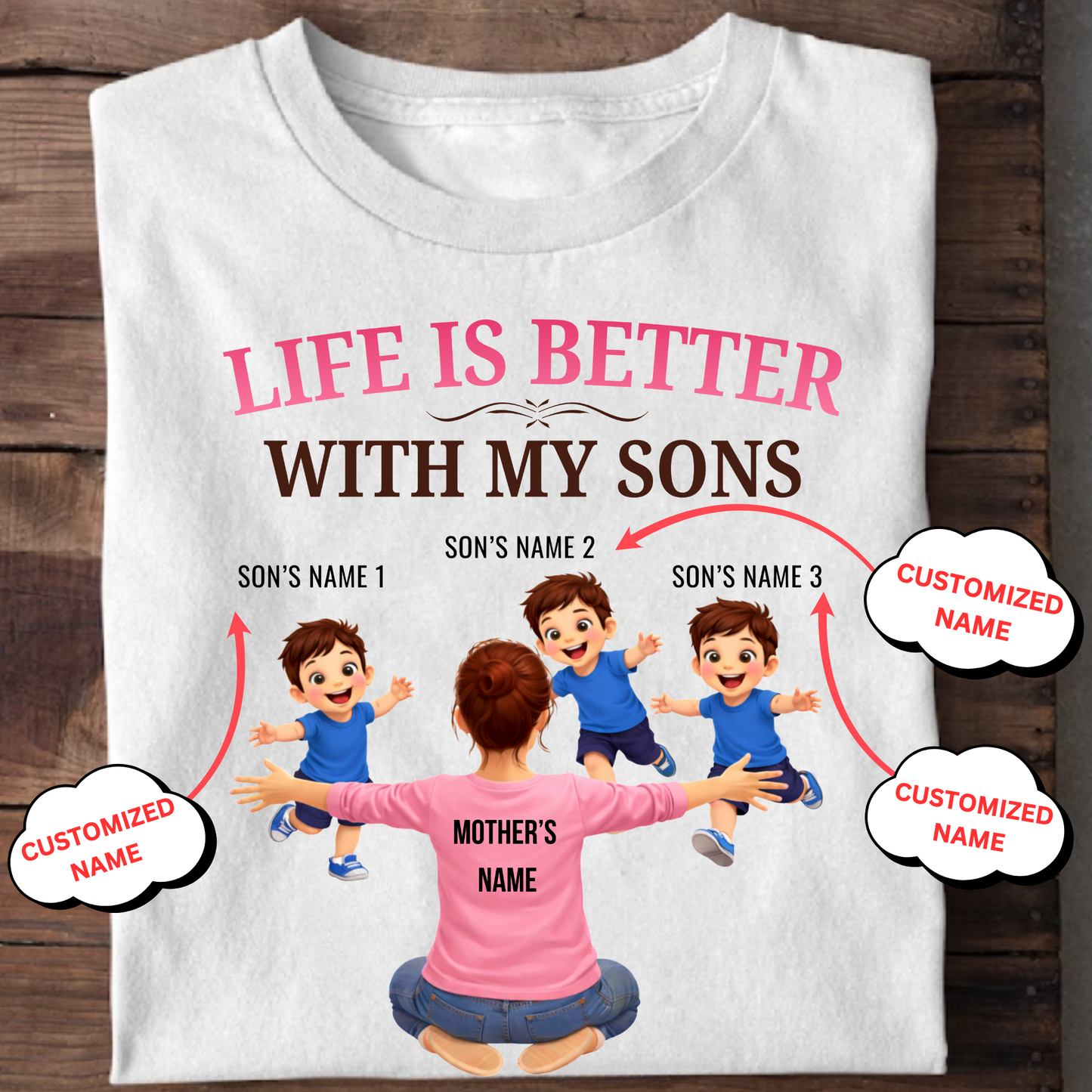 CUSTOMIZED-LIFE IS BETTER WITH MY THREE SONS (MOTHER & SONS) CLASSIC T-SHIRT
