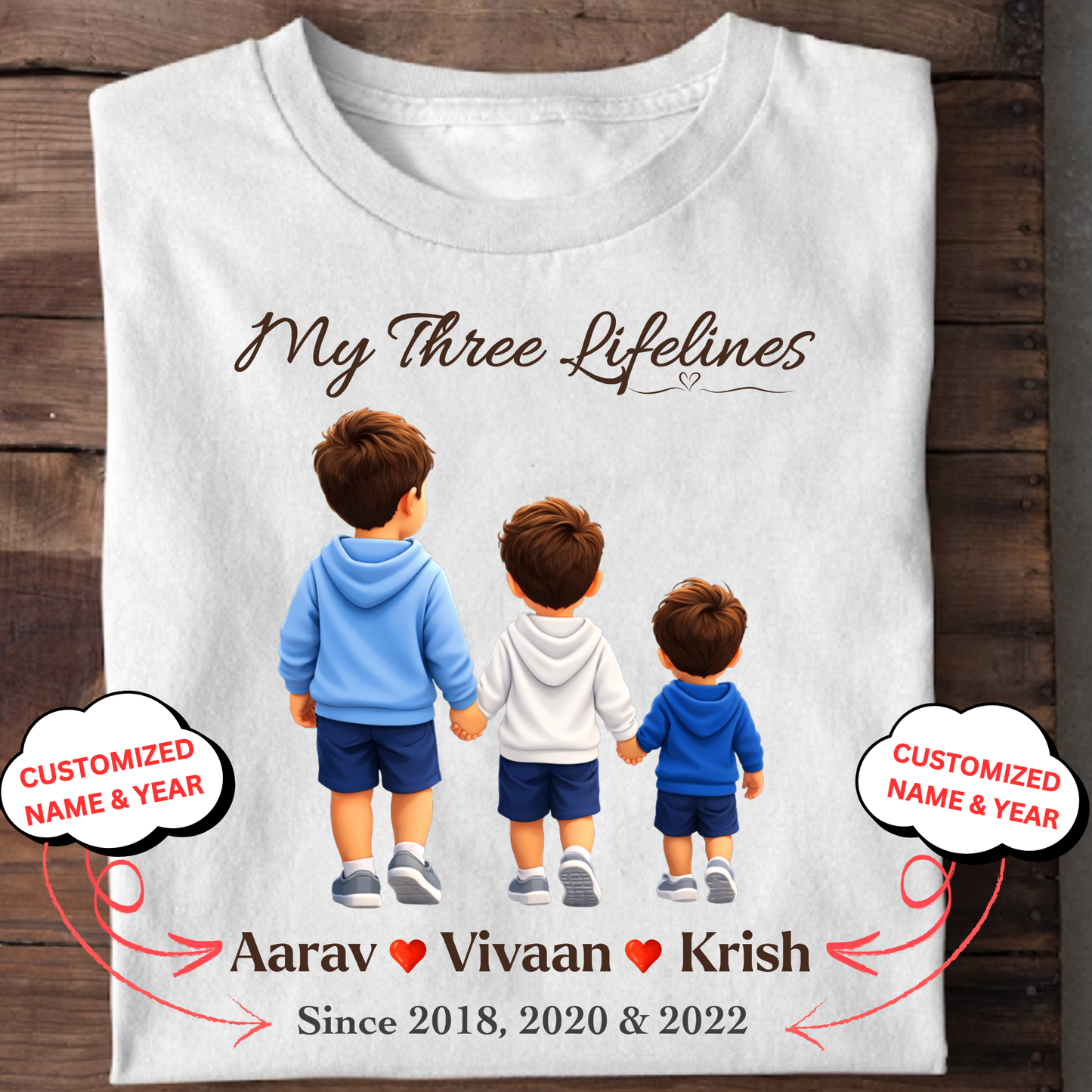 CUSTOMIZED-MY THREE LIFELINES (3 SONS) NAME & BIRTH YEAR CLASSIC T-SHIRT